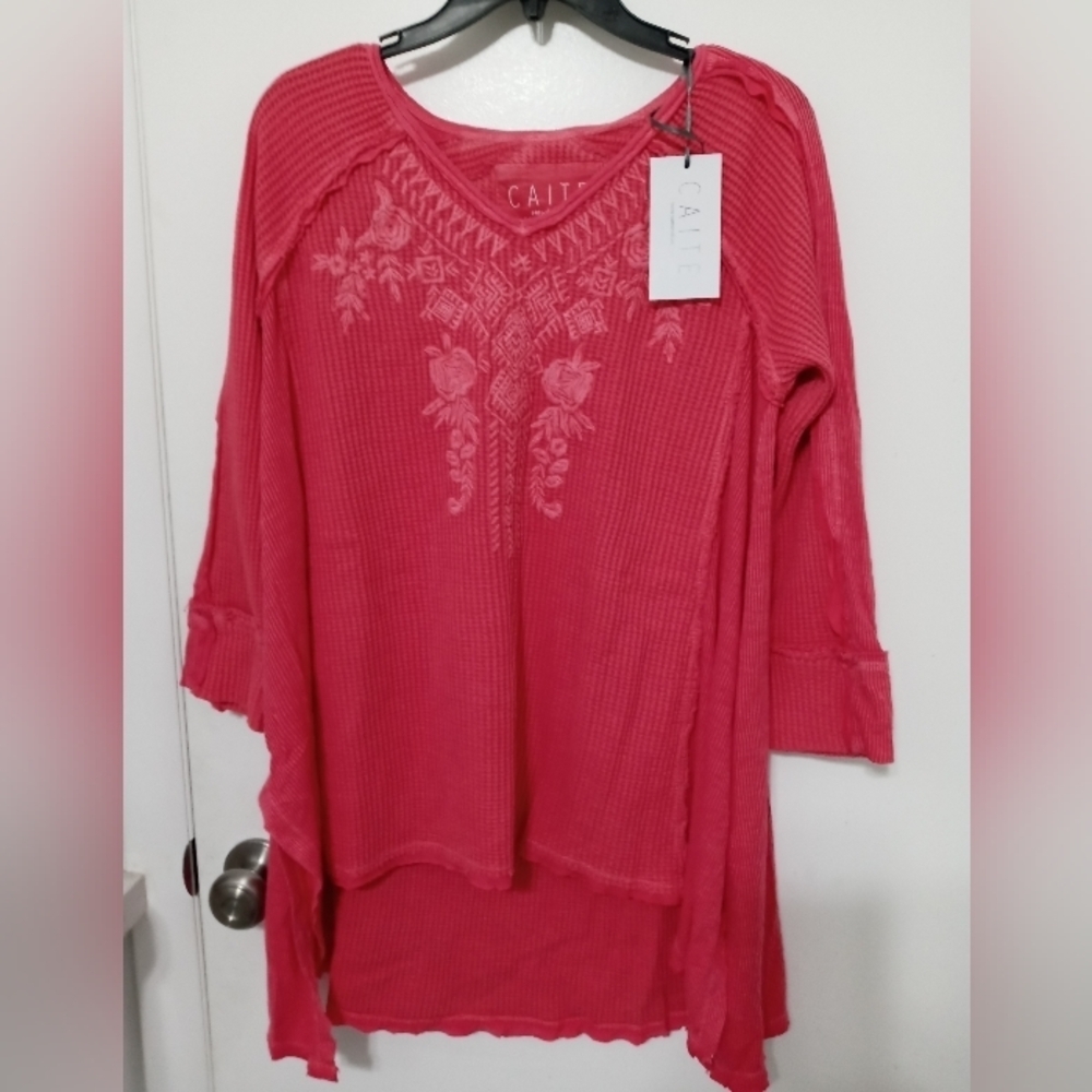 Caite Arden Long Sleeve Coral HandCrafted Embroidered Floral Thermal Tunic Top